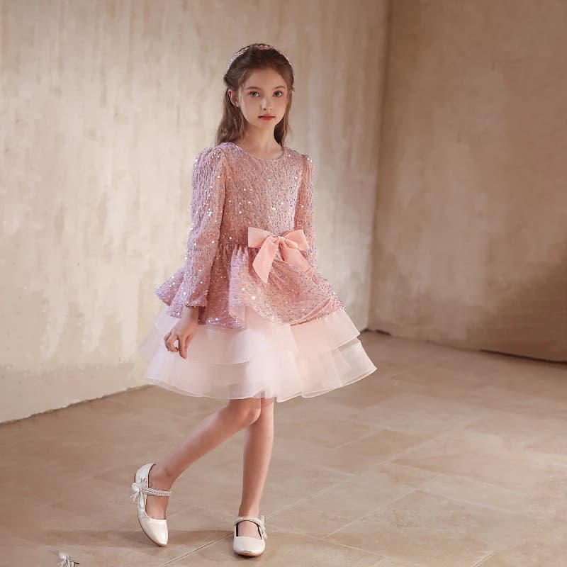 Abito Elegante in Velluto Rosa per Bambine 2026, Costume Formale per Esibizioni di Pianoforte, Feste e Serate di Gala