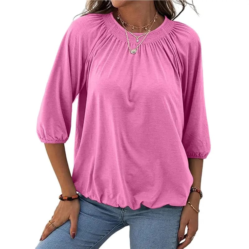 CYL-T-shirt da donna a girocollo in cotone a maniche corte o a 3/4, casual, ampia, plissettata, basic