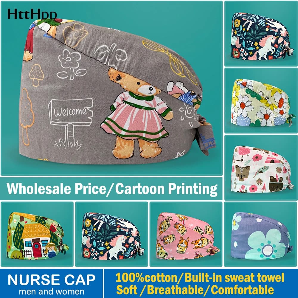 Scrub Cappelli Copricapo per infermiera chirurgica Cappello Cappellini stampati per ospedale con asciugamano per il sudore incorporato Beauty Spa Scrub Berretto veterinario in cotone