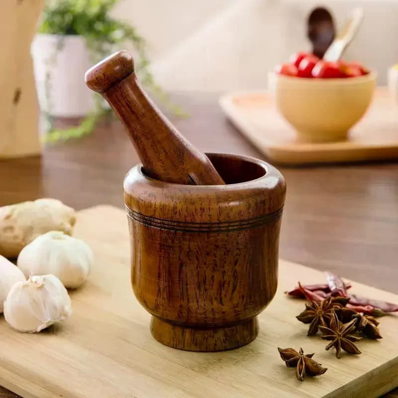 Set di Mortaio e Pestello in Legno per Cucina, Macinatore Manuale per Aglio, Zenzero e Spezie