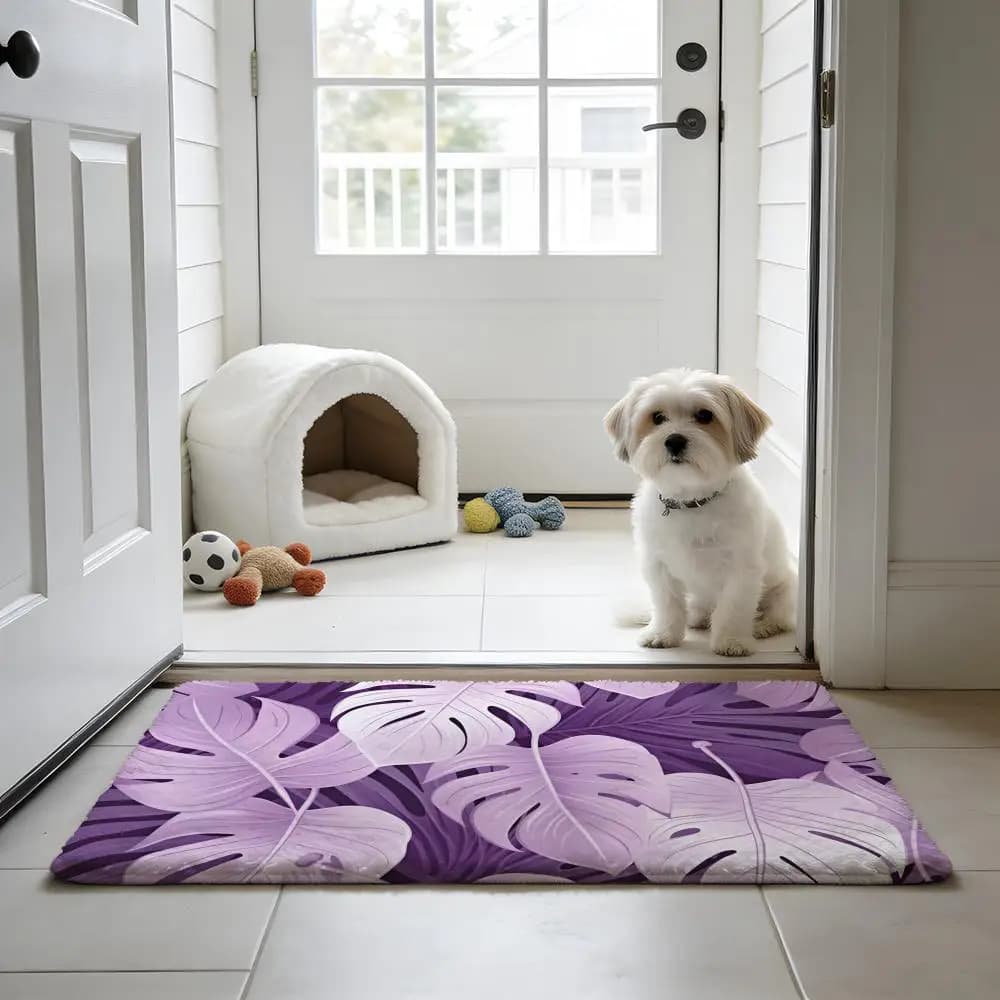 Tappetino in flanella con foglie tropicali viola, tappetino antiscivolo assorbente, per bagno, cucina, porta, decorazioni per la casa