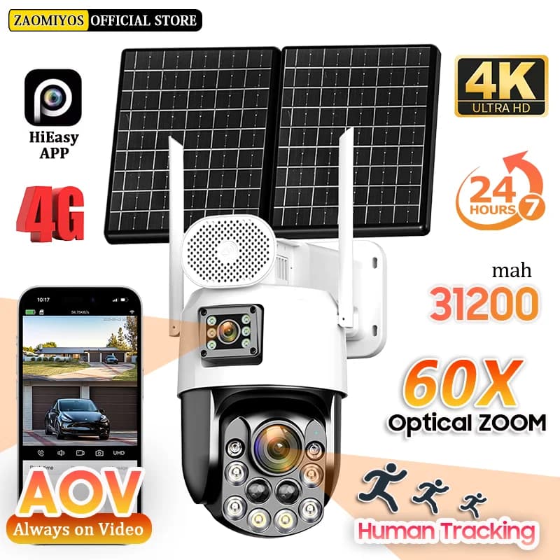 Telecamere di Sorveglianza Solari 4K per Esterni con SIM 4G, Zoom Ottico 60X, Registrazione 24/7, Tracciamento Automatico Umano, Telecamera di Sicurezza PTZ HiEasy