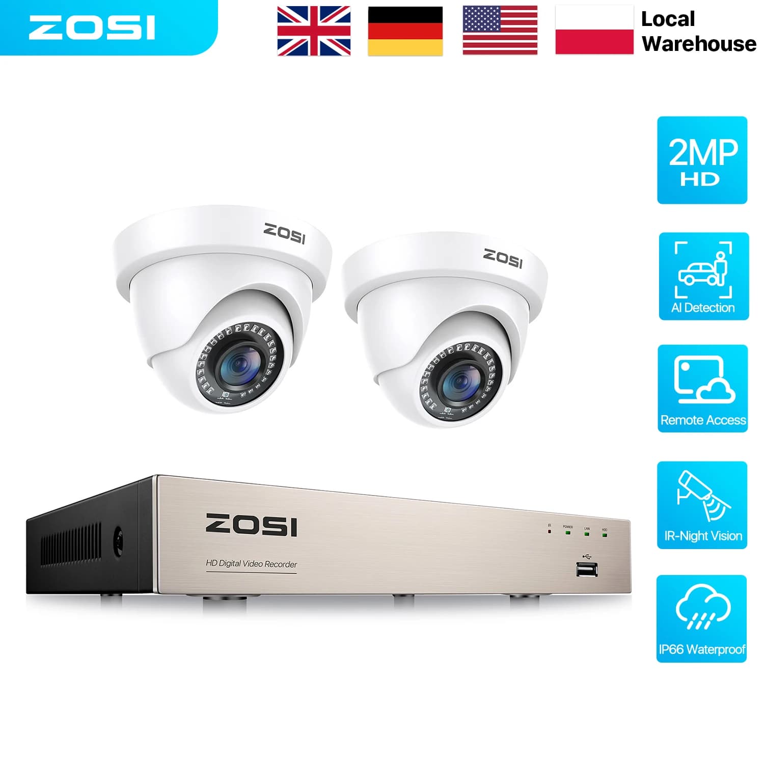 Sistema di Telecamere di Sicurezza CCTV ZOSI 1080P, DVR 8CH H.265+, Telecamere 2MP con Visione Notturna IR e Rilevamento Movimento, Set di Videosorveglianza Cablata