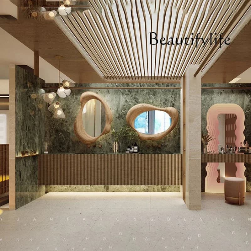 M Specchio da bagno intelligente per bagno di lusso leggero in legno massello a forma speciale personalizzato Decorazione per ingresso bagno a specchio a forma speciale