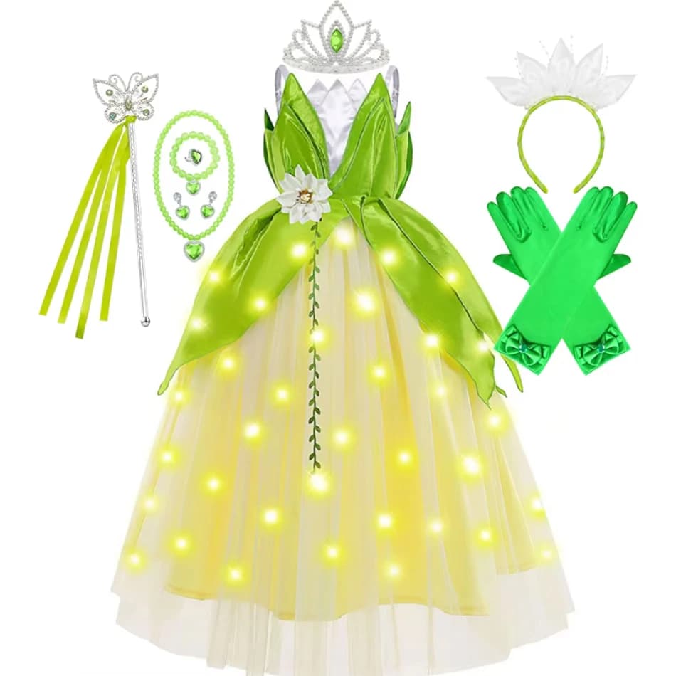 Tiana Dress Up Abiti da principessa Festa da sera Abito da ballo verde Bambini Luce a LED Fantasia Fata Compleanno Carnevale Costume soffice