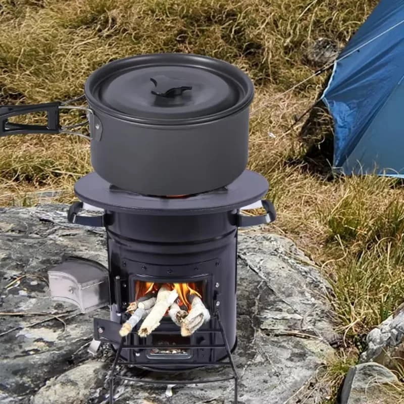 daPopolare da Portable wood and charcoal camping stove with cast iron purse and pots