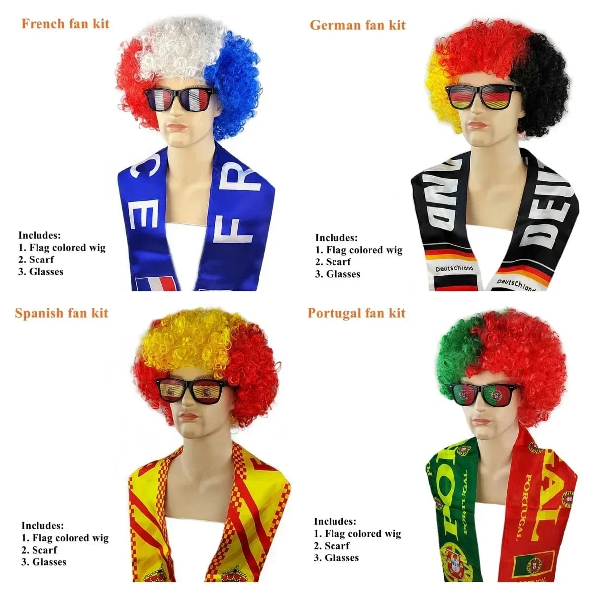 Set di Costumi per Partite di Calcio della Squadra Nazionale, Parrucca Colorata Ricciola, Occhiali con Bandiera, Accessori Divertenti per Tifosi