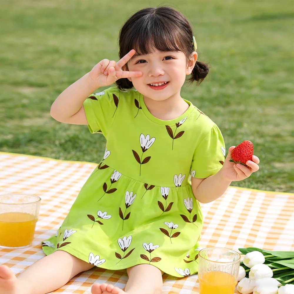 Abito estivo a maniche corte per bambina, con stampa floreale, grazioso abito da tutti i giorni, abito da principessa per compleanno, abbigliamento casual da esterno.