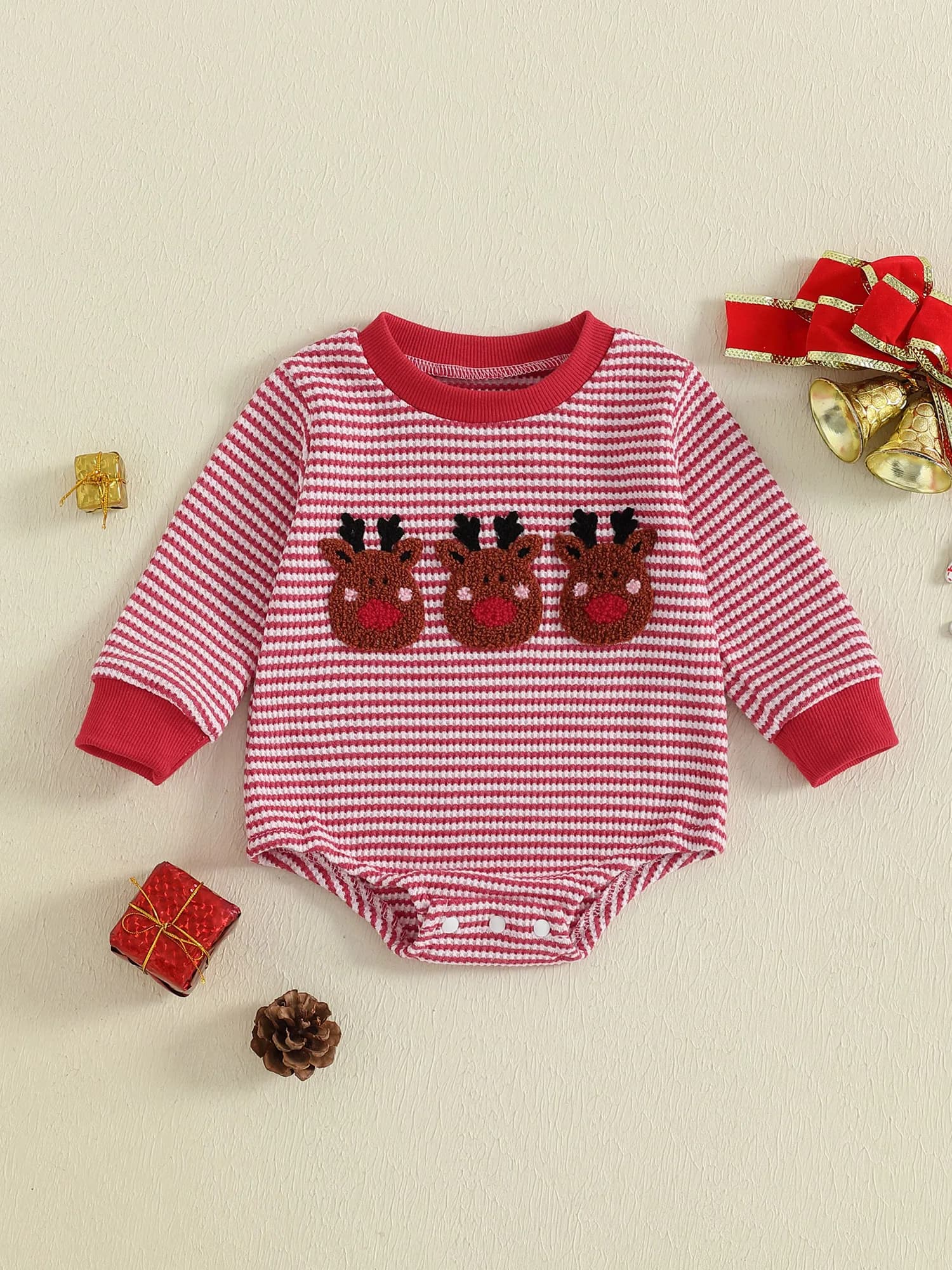 Felpe con cappuccio invernali per bambini, pagliaccetti, abiti natalizi, tute corte a maniche lunghe a righe con ricami di renne per l'autunno