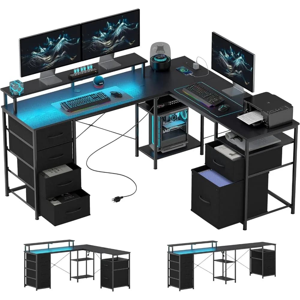 Scrivania da gioco premium a forma di 66 L, reversibile, scrivania per computer da 105 persone per 2 persone con schedario e cassetti in tessuto, prese di corrente e