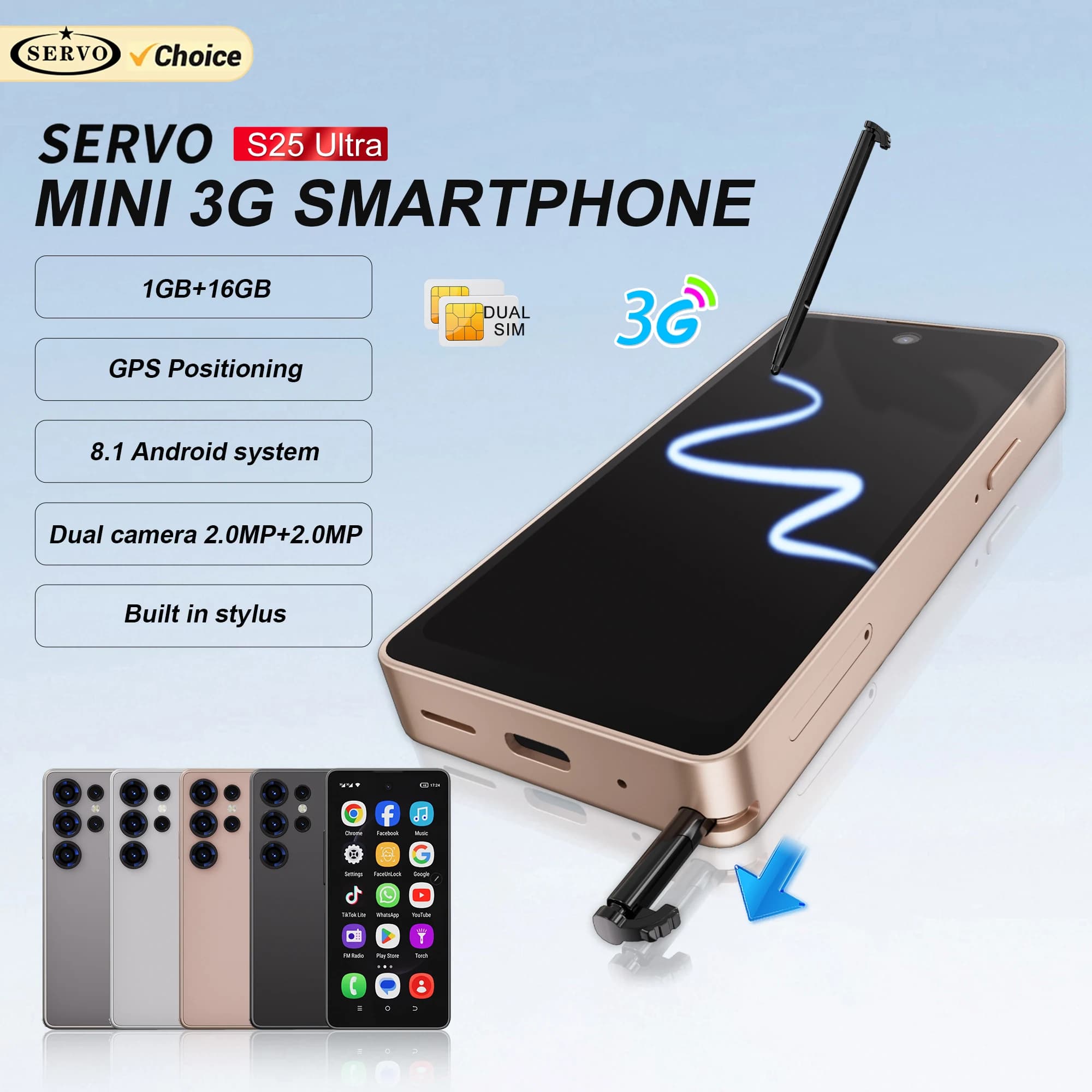 SERVO S25 Ultra Mini Smartphone 2 SIM 3G WCDMA Sistema operativo Android 16 GB ROM Riproduzione negozio Hotspot Wi-Fi 4.0 "Piccoli smartphone con stilo