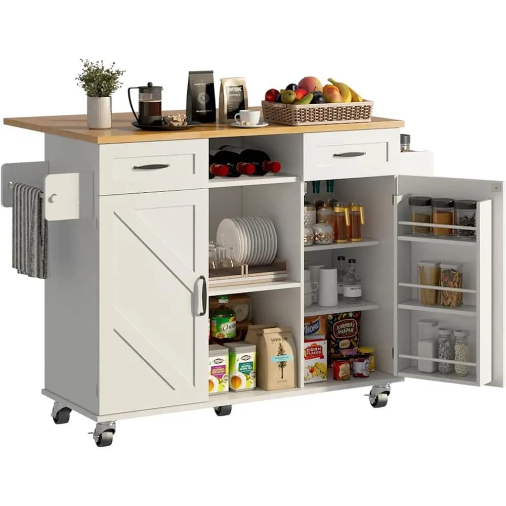 Isola da Cucina Mobile da 51,5'' con Armadietto e Cassetti, Carrello da Cucina con Ruote e Piano Ribaltabile, Grande Tavolo da Macellaio con Piano in Legno