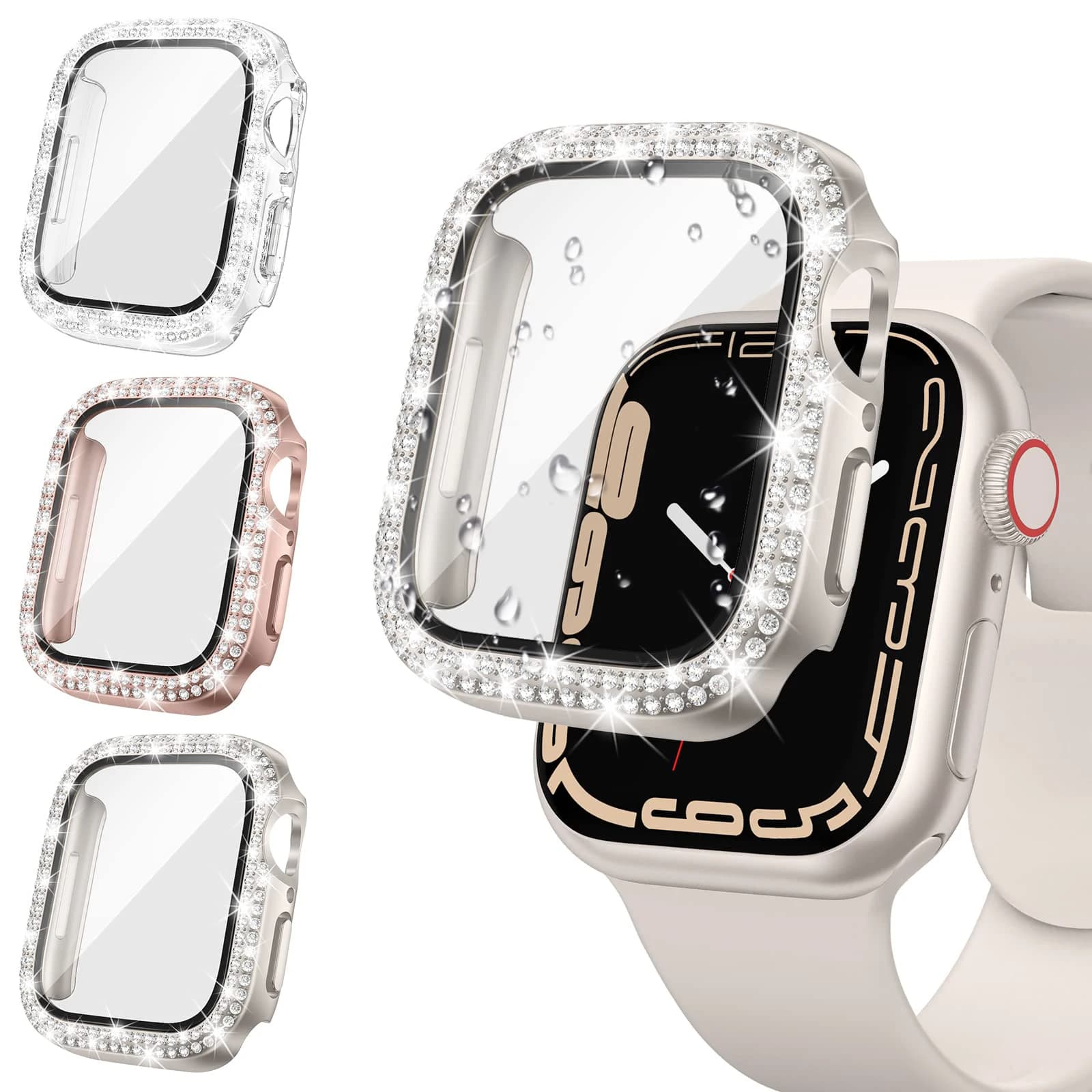 Cover in Vetro e Diamanti per Apple Watch 46mm 40mm 44mm 41mm 42mm 45mm, Protezione Bumper Luccicante per iWatch Serie 11 10 9 SE 7 8
