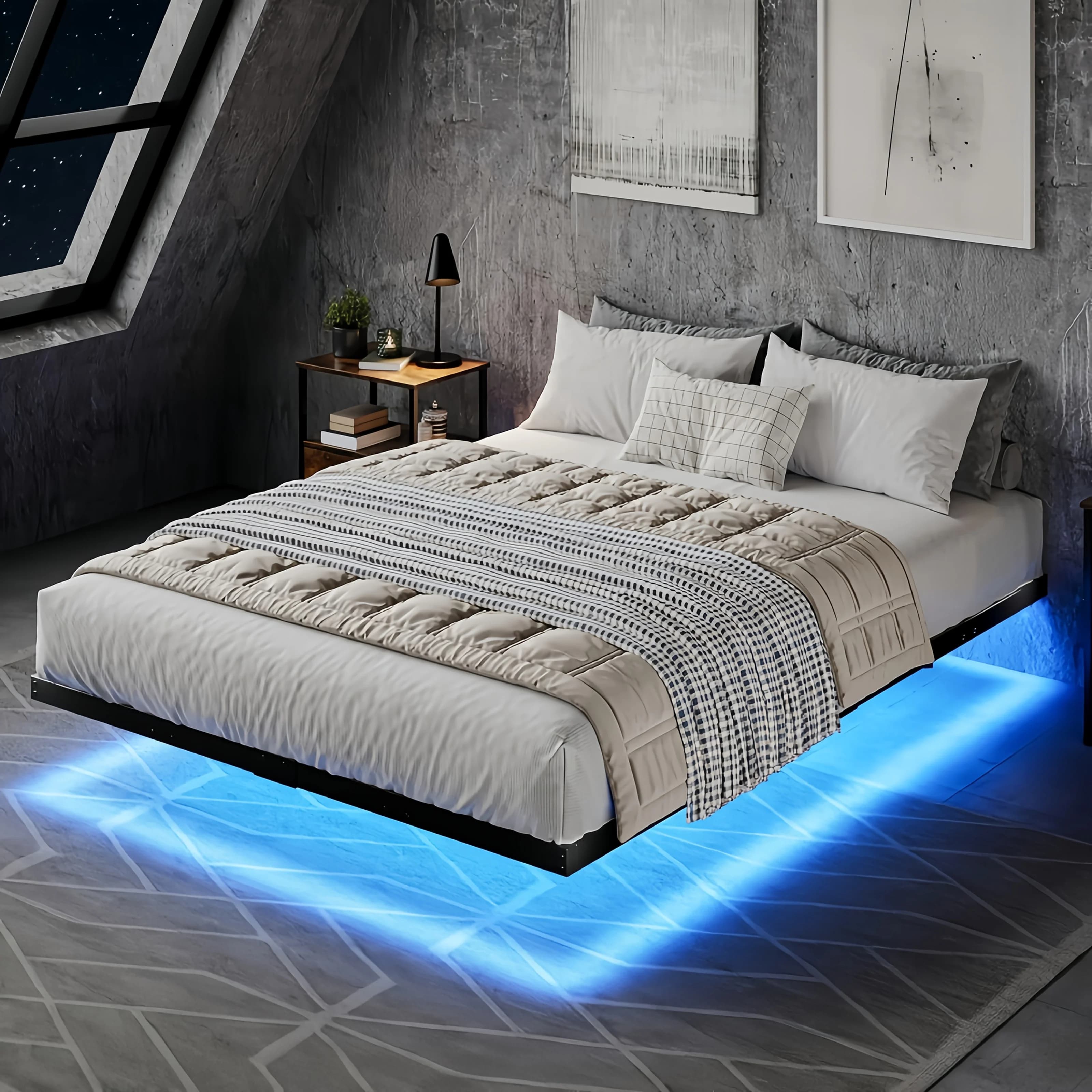 Struttura letto in metallo nero con luci LED, letto matrimoniale/queen size, struttura letto queen size con contenitore sotto il letto, facile da montare