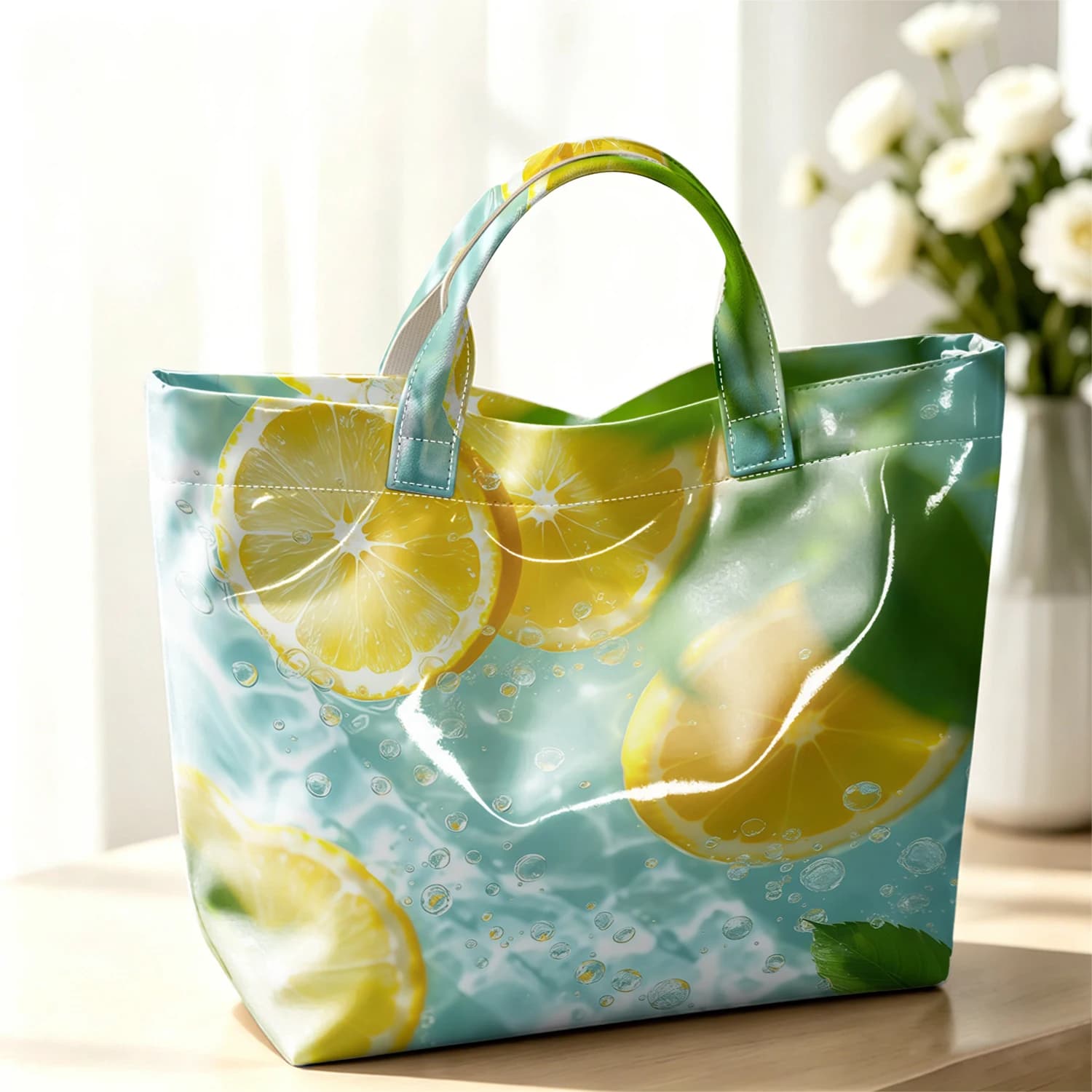 Lemon Slice Water Bubble Scene Cute Large Glossy PVC Tote Bag Hand Washable Lightweight Soft for Travel Commute Makeup Handbags