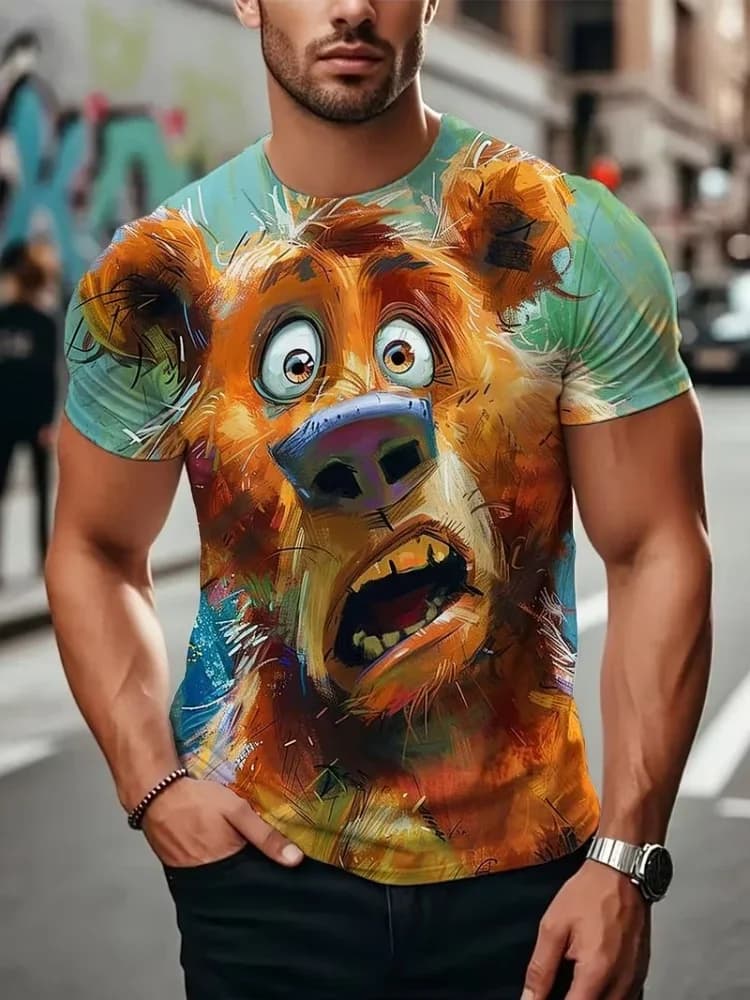 Magliette stampate con animali dei cartoni animati in 3D, popolari tra gli uomini, divertenti, estive, casual, con scollo rotondo, a maniche corte, di tendenza, abbigliamento uomo alla moda.
