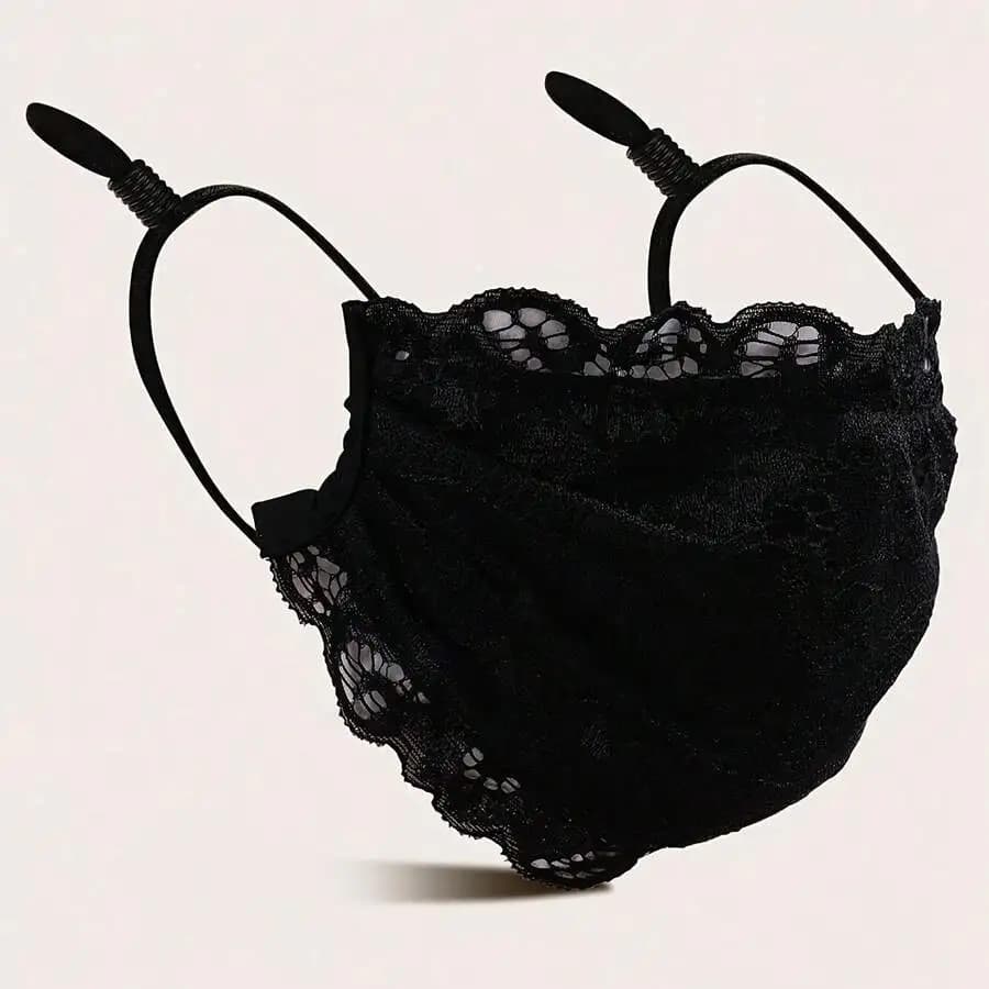 Stylish Black Lace Floral Mesh Face Cover For Adults, Reusable With Adjustable Elastic Ear Loops, Decorative Party Wear