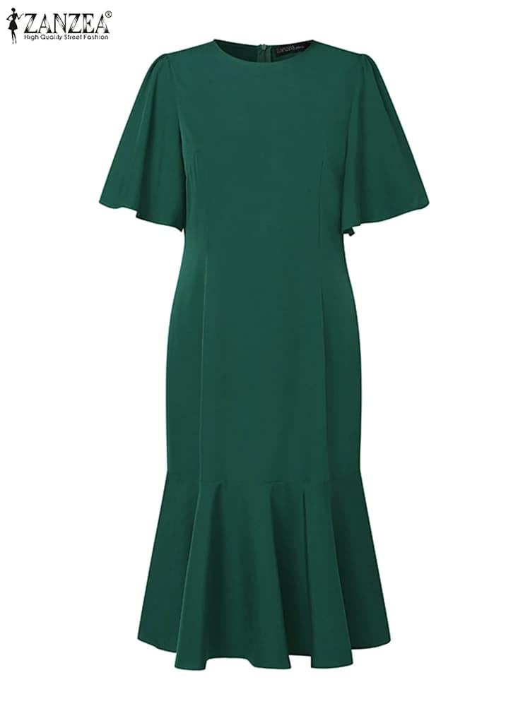 Abito da festa solido estivo ZANZEA Moda manica corta Slim Fit OL Abiti Robe Femme Elegante lavoro Ufficio Vestito estivo Abiti midi