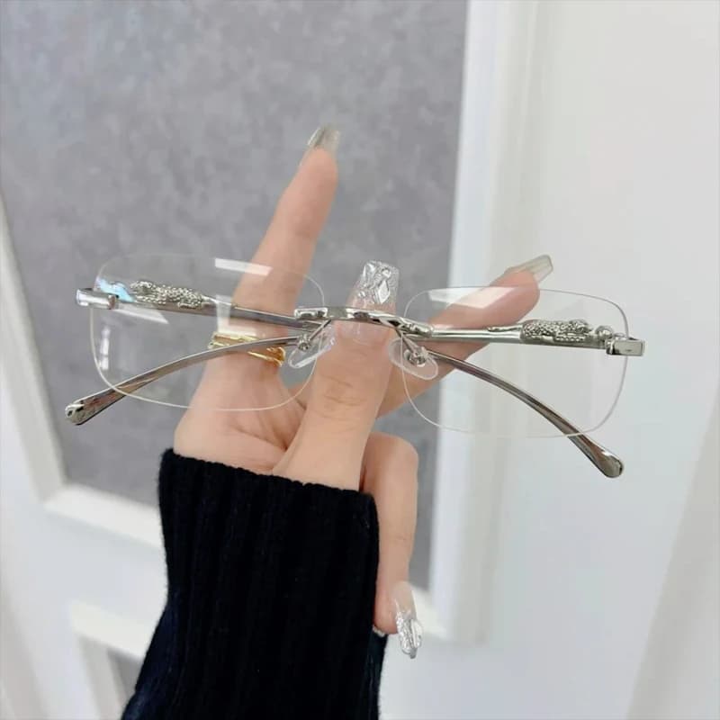 Neutral Fashion Frameless Square Glasses, Leopard Print Metal Frames, Transparent PC Lenses, lightweight Zinc Alloy Design Trendy Glasses