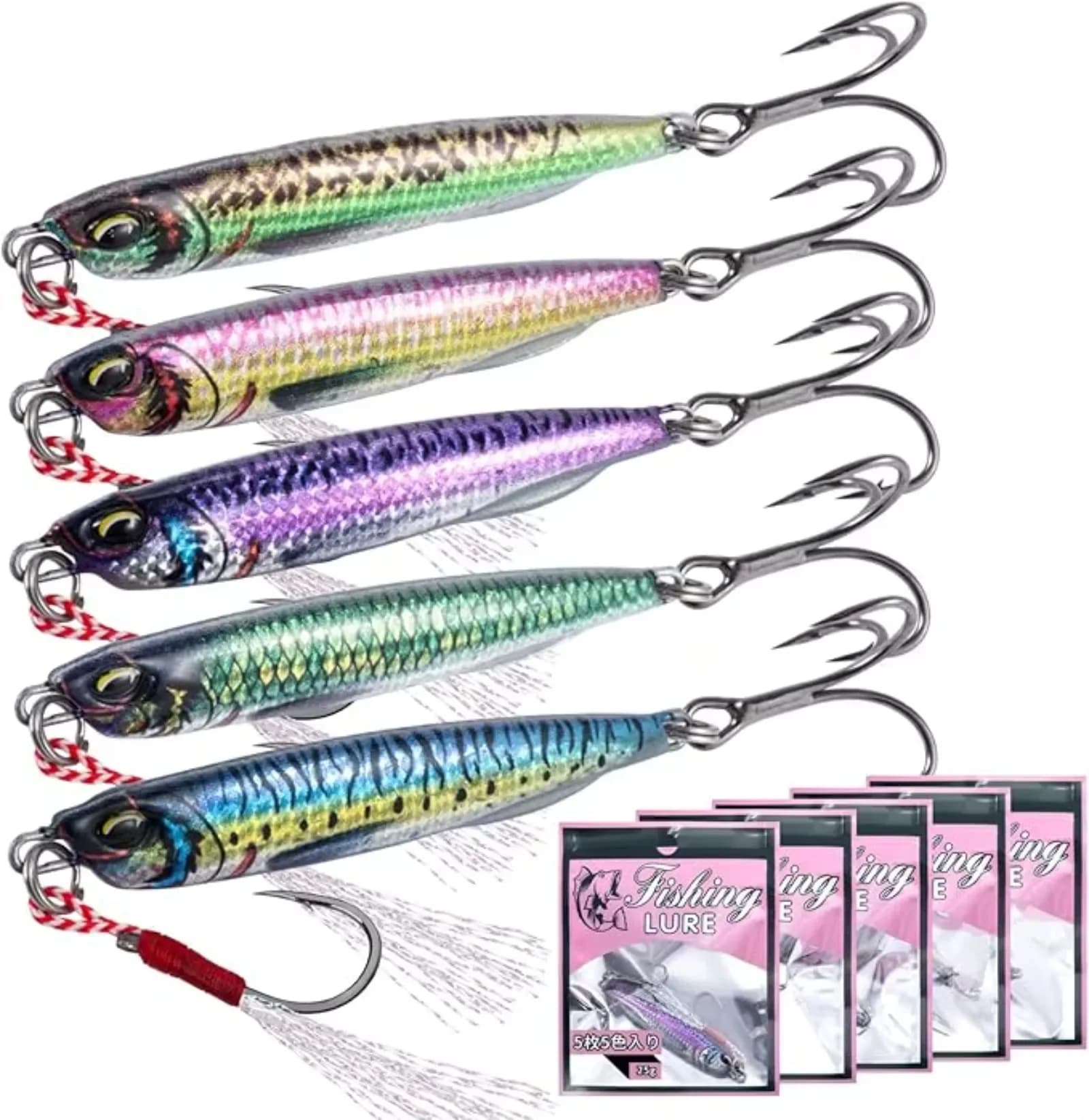 Goture Set di 5 Esche Metalliche da 20g, 25g, 30g, Spinner Affondanti con Occhi 3D, Esche per Jigging con Ganci per Pesca in Mare e Spigola