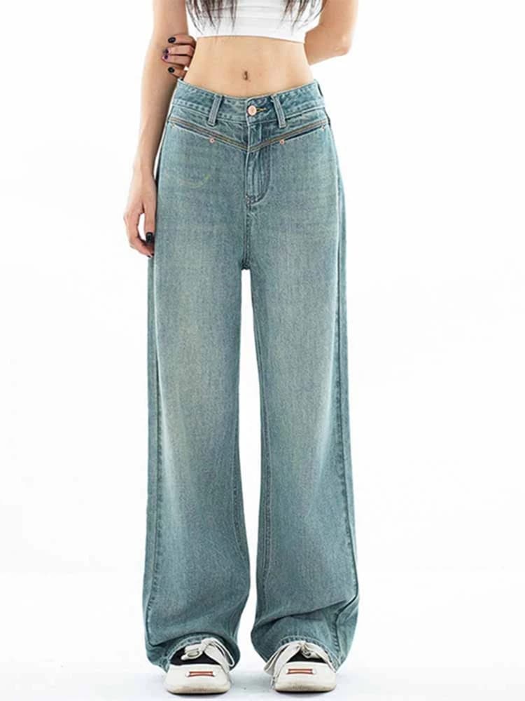 Jeans da donna a vita alta, comodi e larghi, a gamba dritta, nuovo stile estivo, effetto snellente, in misto cotone drappeggiato azzurro chiaro