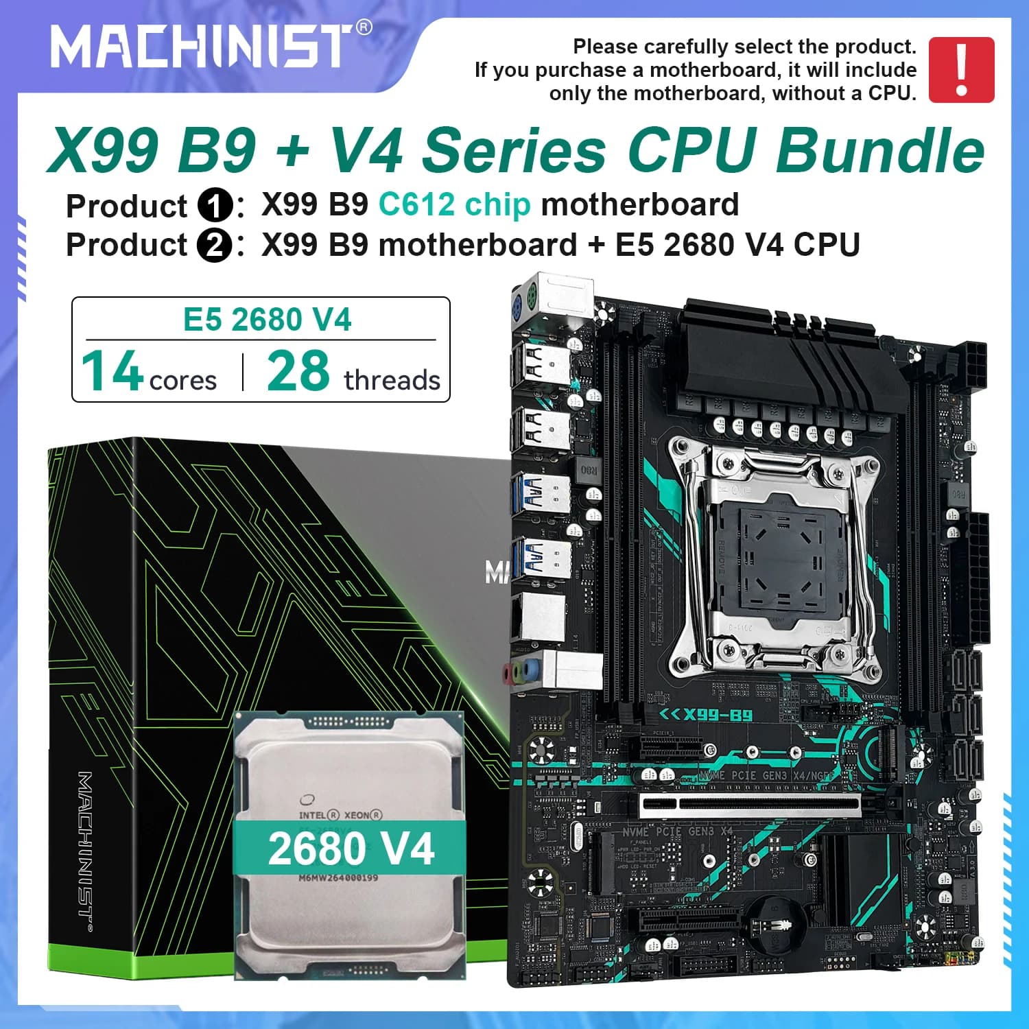 MACHINIST X99 B9 LGA2011-3 Motherboard Optional Kit Xeon E5 2680 V4 CPU DDR4 Memory (up to 128GB) Supports NVME M.2 SATA M-ATX