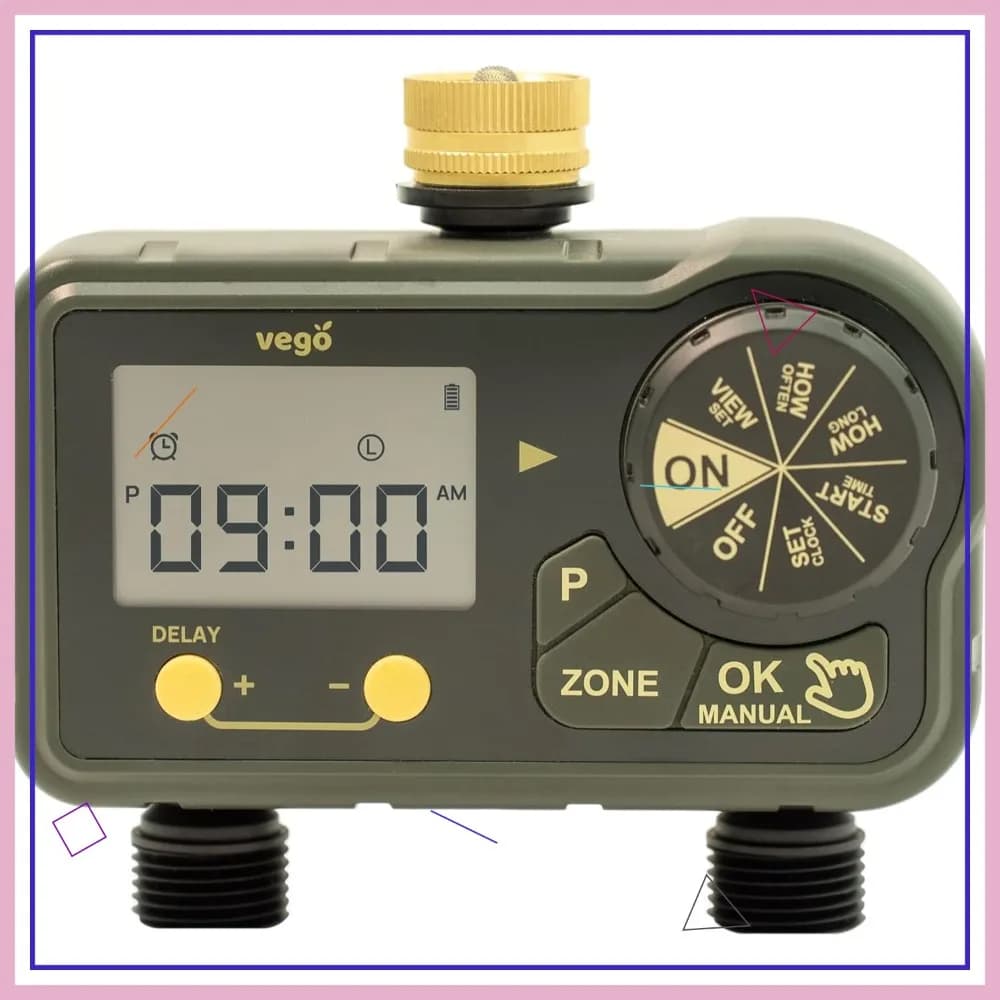 Timer Irrigazione a Doppia Zona con Ingresso in Ottone - Timer per Tubo da Giardino, Programmabile con Ritardo Pioggia e Irrigazione Manuale