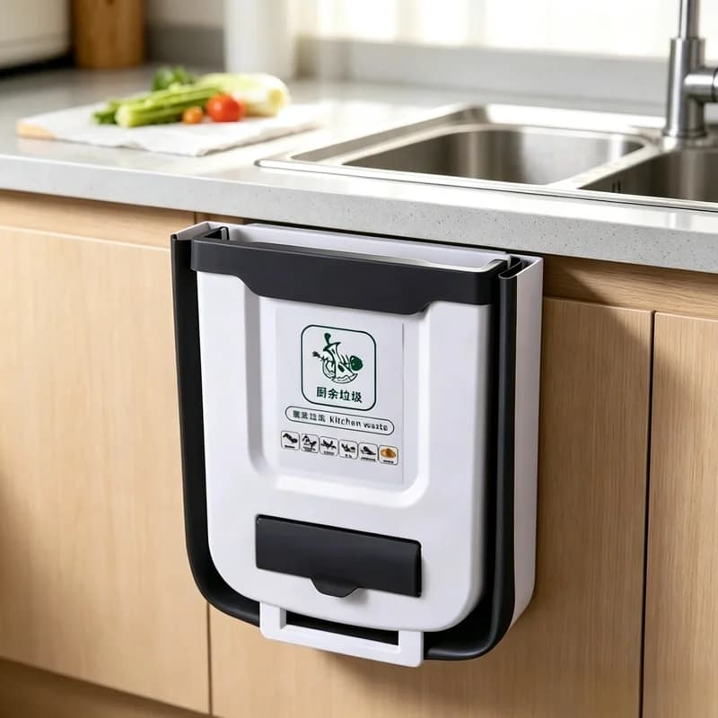 Wall‑Mounted Collapsible 10L Slim Waterproof Trash Can, Hanging Waste Bin for Kitchen Bathroom Cabinet Storage