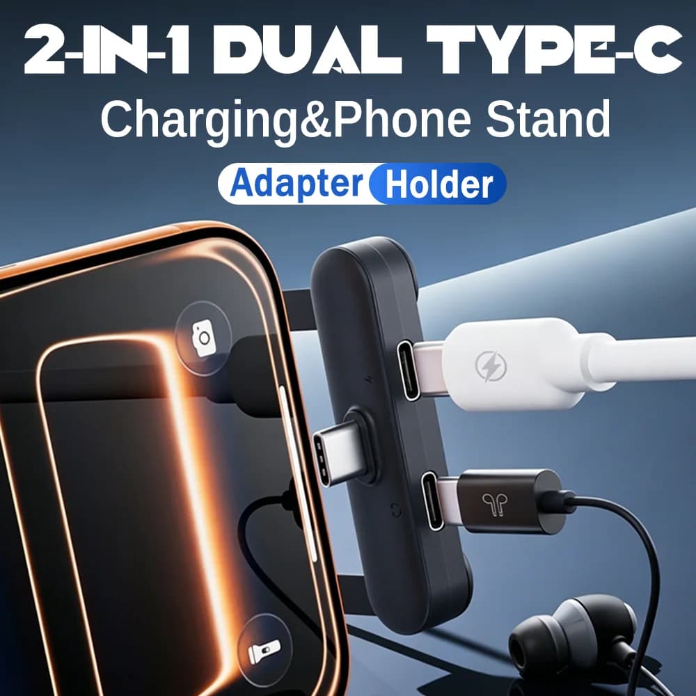 2in1 USB Type C Headphone Adapter with Phone Stand Type C OTG Splitter Fast Charging&Audio Connector for IPhone 17 16 15 Samsung