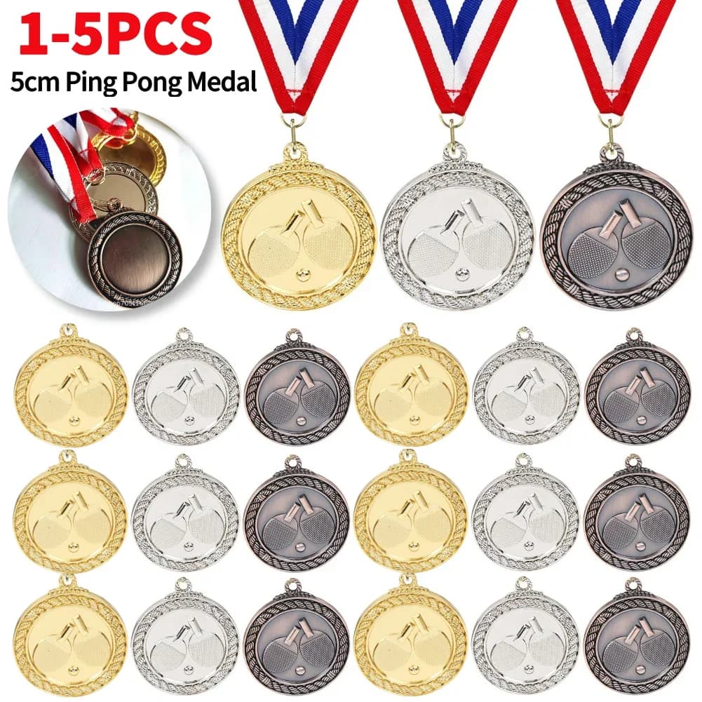 1-5 MEDAGLIE da ping pong, medaglie premio per il tennis da tavolo con nastro da collo, medaglie oro/argento/bronzo, medaglie sportive per maratone e giochi con la palla