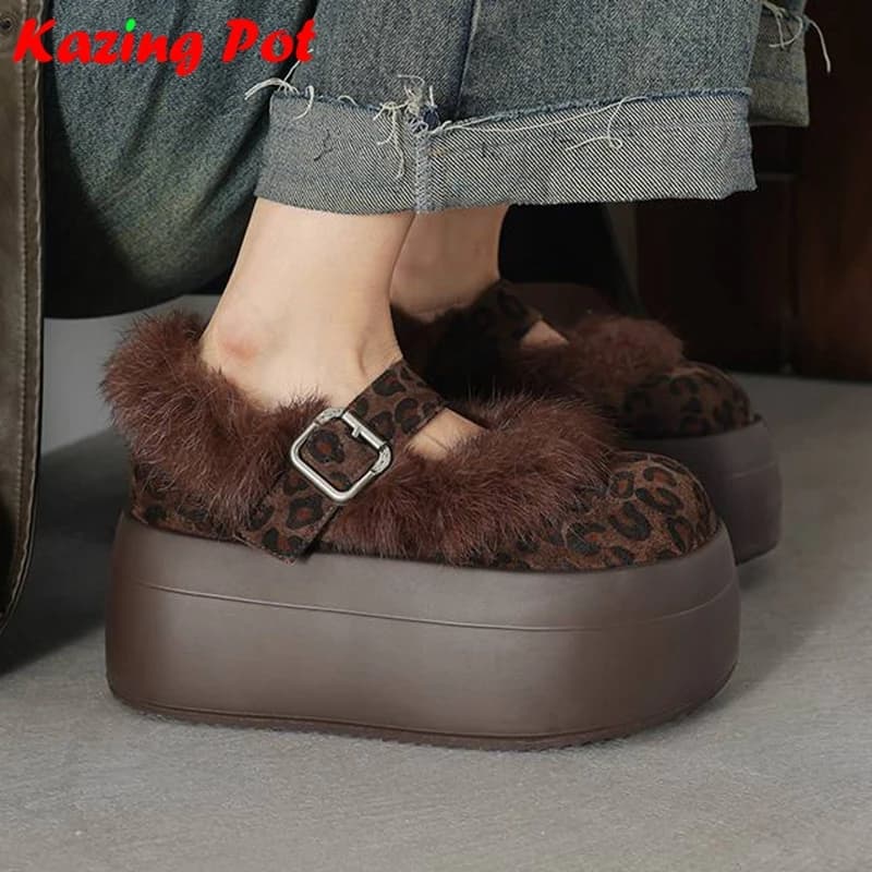 Krazing Pot 2026 Sheep Suede Rabbit Fur Thick Bottom Round Toe Loafers Casual Vulcanized Shoes Flat Platform Leopard Women Flats