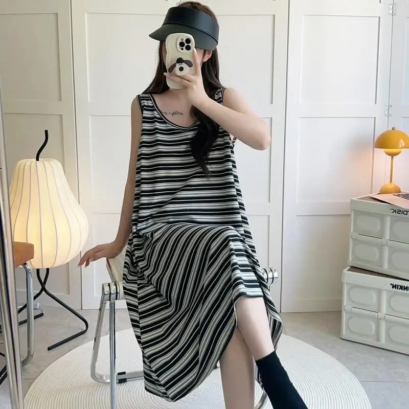 Abito T-Shirt Casual Senza Maniche a Righe con Patchwork a Contrasto, Nuovo Abbigliamento Estivo da Donna, Vestito Sottile e Comodo in Stile Lazy, Tendenza Moda