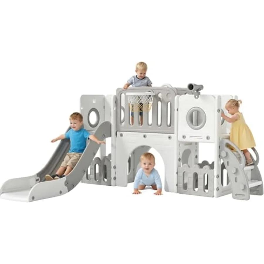 9 in 1 Toddler Slide Set, Large Climber Slide Playset w/Long Slope, Telescope, Storage Space, Enclosed Steps, Indoor Outdoor Pl