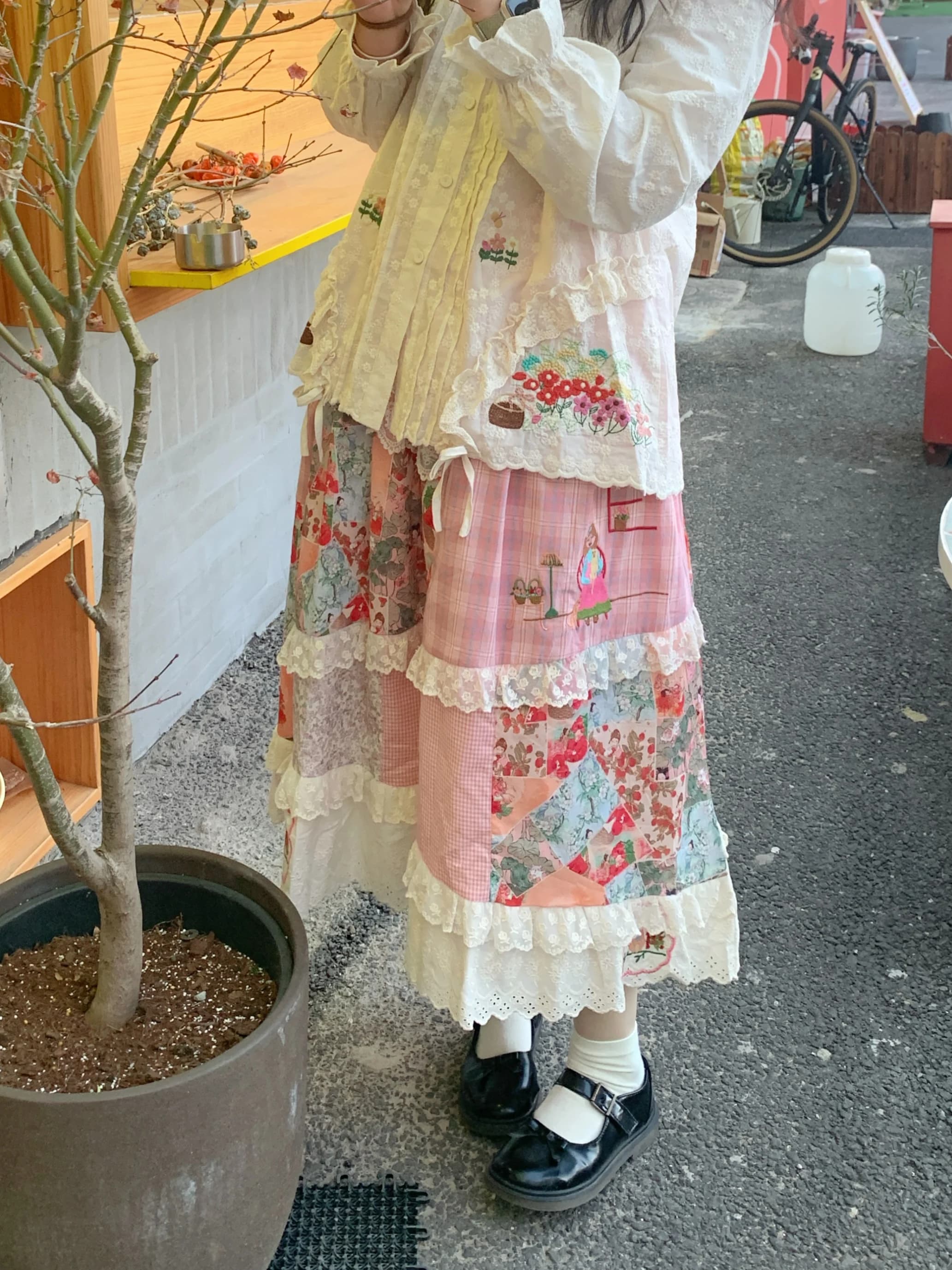 Gonna longuette a trapezio con ricamo artistico primaverile versatile in pizzo patchwork rosa dolce per ragazze giovani