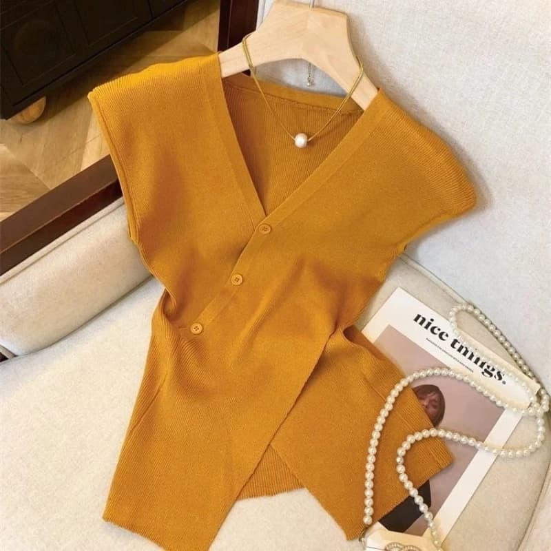 Irregular Slim V Neck Solid Temperament T Shirts Summer New Short Sleeve Simplicity Elegant Tops Women Clothing Fashion Korean