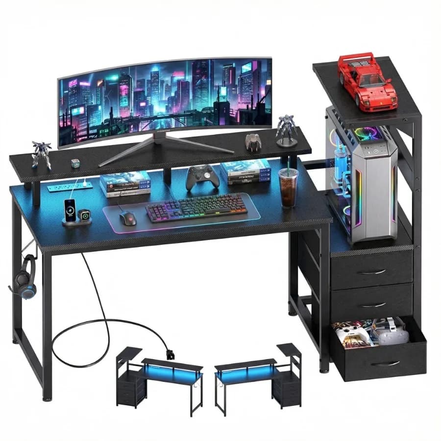 52" Gaming Desk USB Ports and LED Lights Reversible Table with Monitor Stand for Home Office Carbon Fiber Black