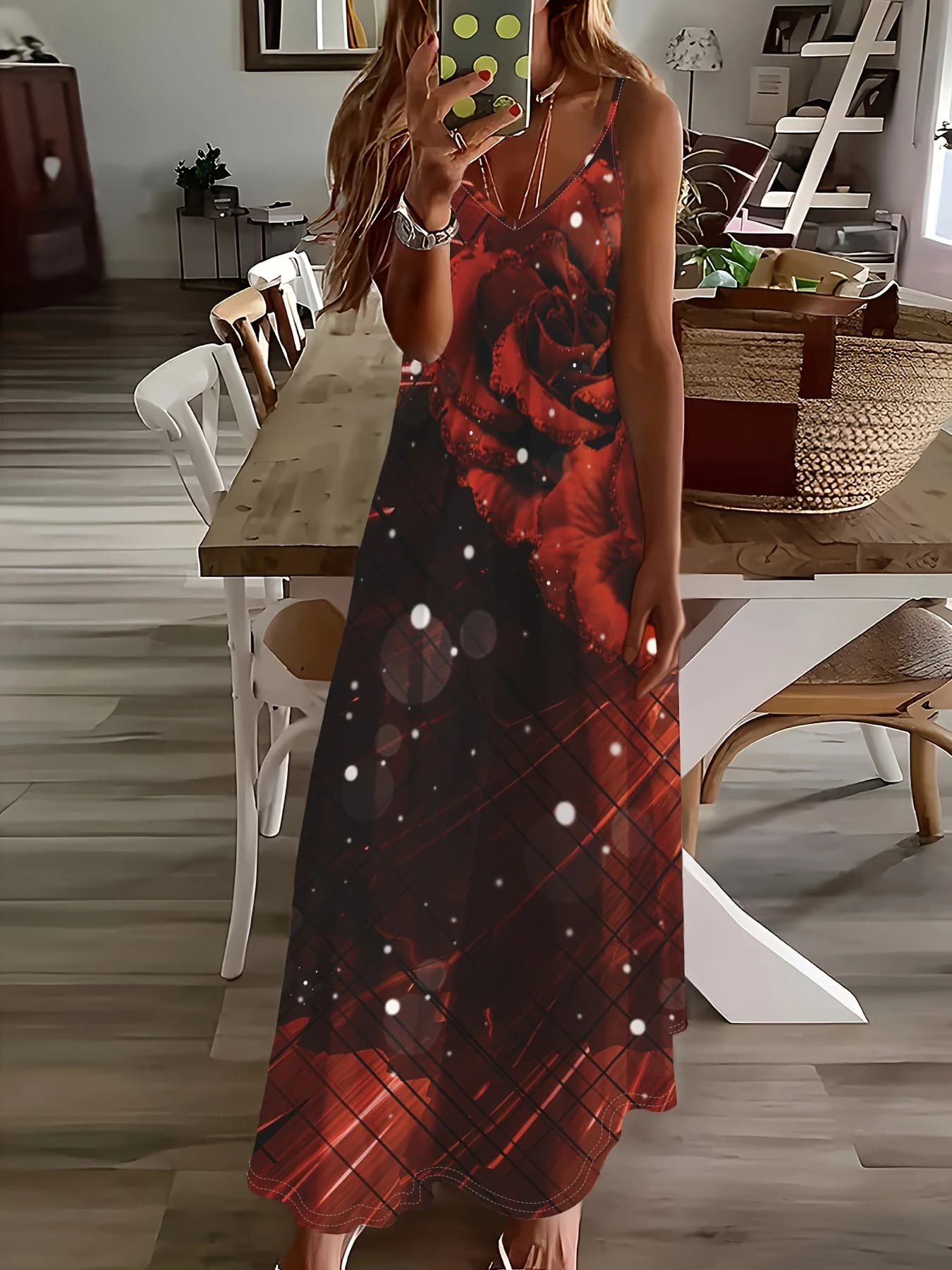Red Plaid Long Sleeve Midi Dress for Women Summer Vacation Outfit Elegant V Neck Casual Office Wear Starry Night Pattern
