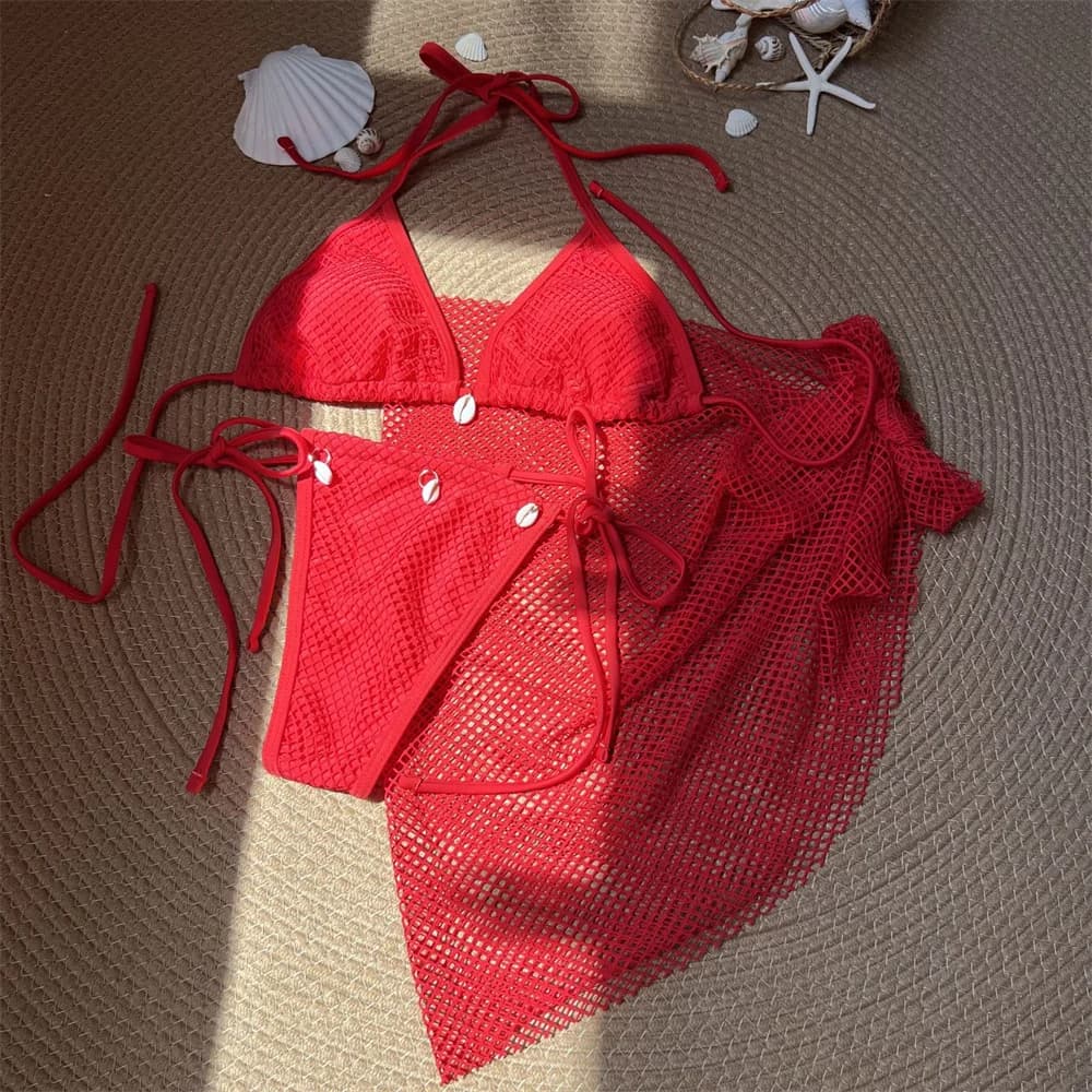 Bikini sexy in rete Set fasciatura cava Cover Up Costume da bagno conchiglia Costumi da bagno con stringhe senza schienale Costume da bagno bikini a triangolo da spiaggia per donna