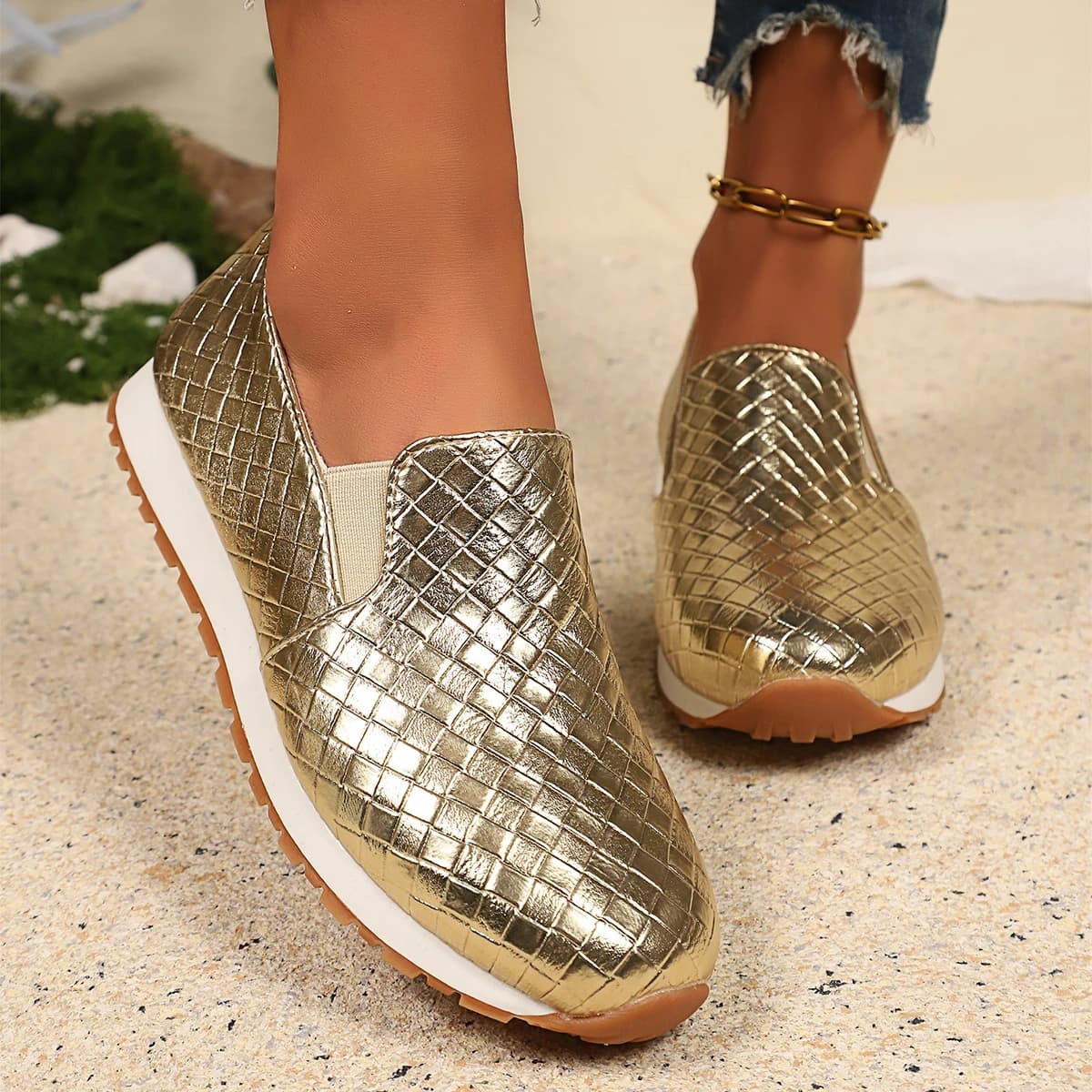 Sneakers da Donna di Design Intrecciate con Paillettes Oro e Nere, Scarpe Casual Basse, Sneakers da Passeggio con Plateau, Zapatos De Mujer