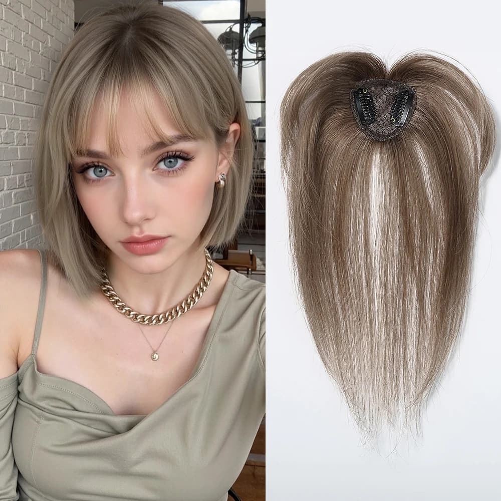 Toppers per capelli umani Remy al 100% con frangia Ombre Marrone Posticci Frangia 3D sottile per le donne Capelli sottili Clip per capelli umani veri