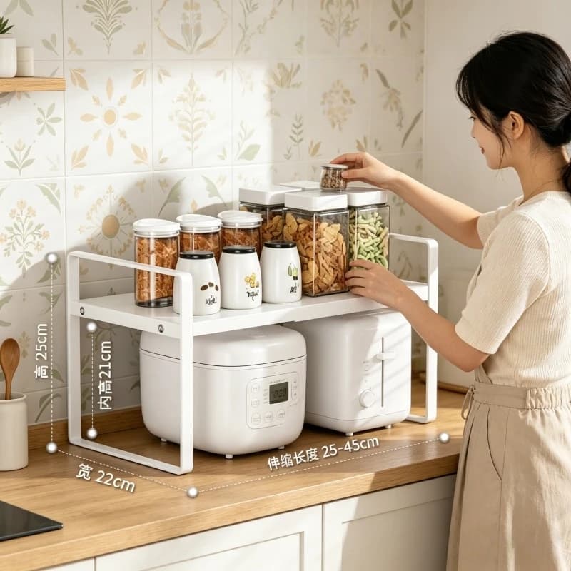 Organizzatore Salvaspazio per Cucina, Scaffale Espandibile Multilivello per Stoccaggio, Ripiano a Strati per Spezie e Piatti