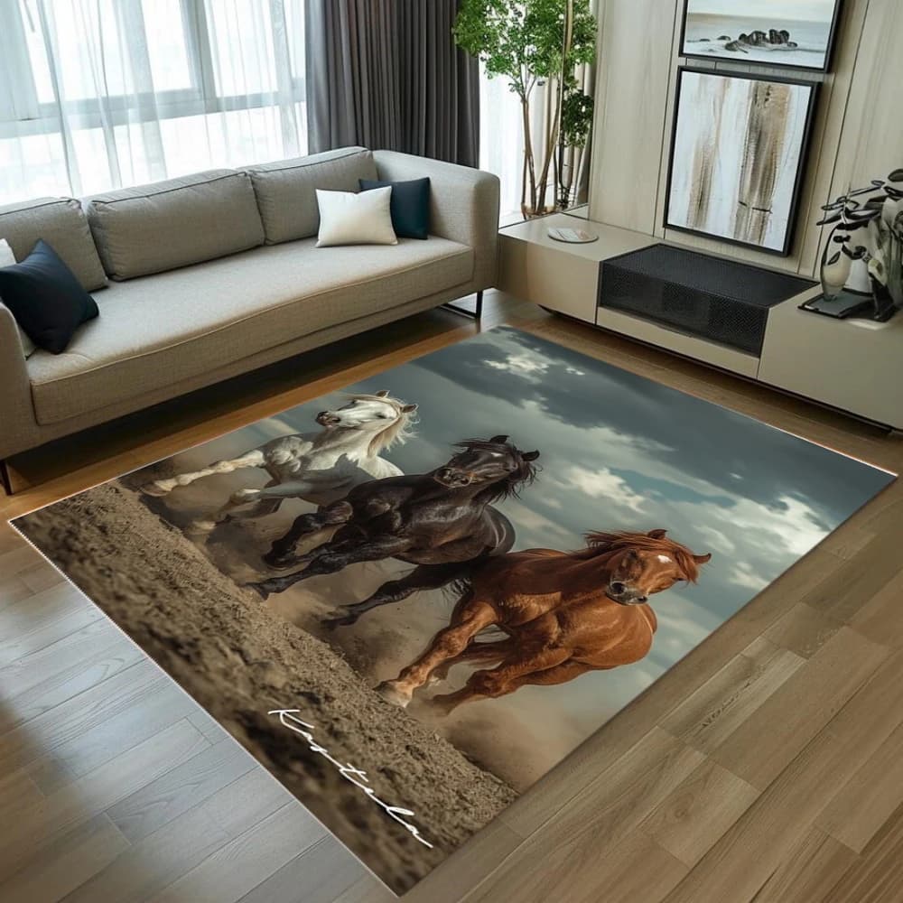 Tappeto per cavalli al galoppo 3D realistico bianco nero marrone stampa cavallo tappetino moderno antiscivolo per l'arredamento del soggiorno