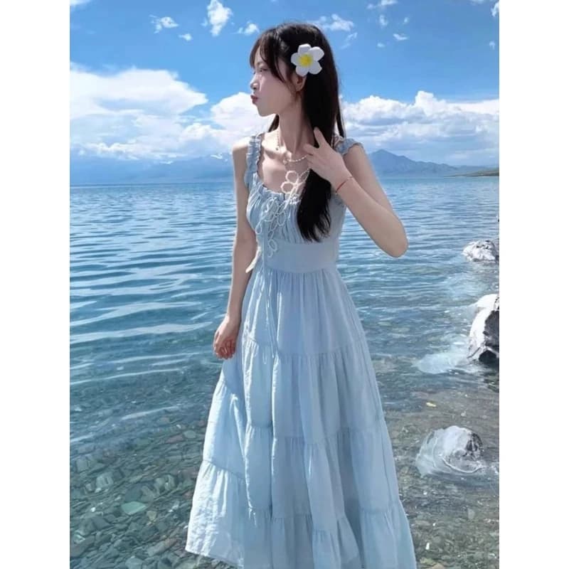 Abito Midi Y2K da Donna Azzurro con Balze a Strati, Senza Maniche, Volant, Fluido, Stile Fata, per Vacanze Estive 2026, Gonna Lunga da Spiaggia