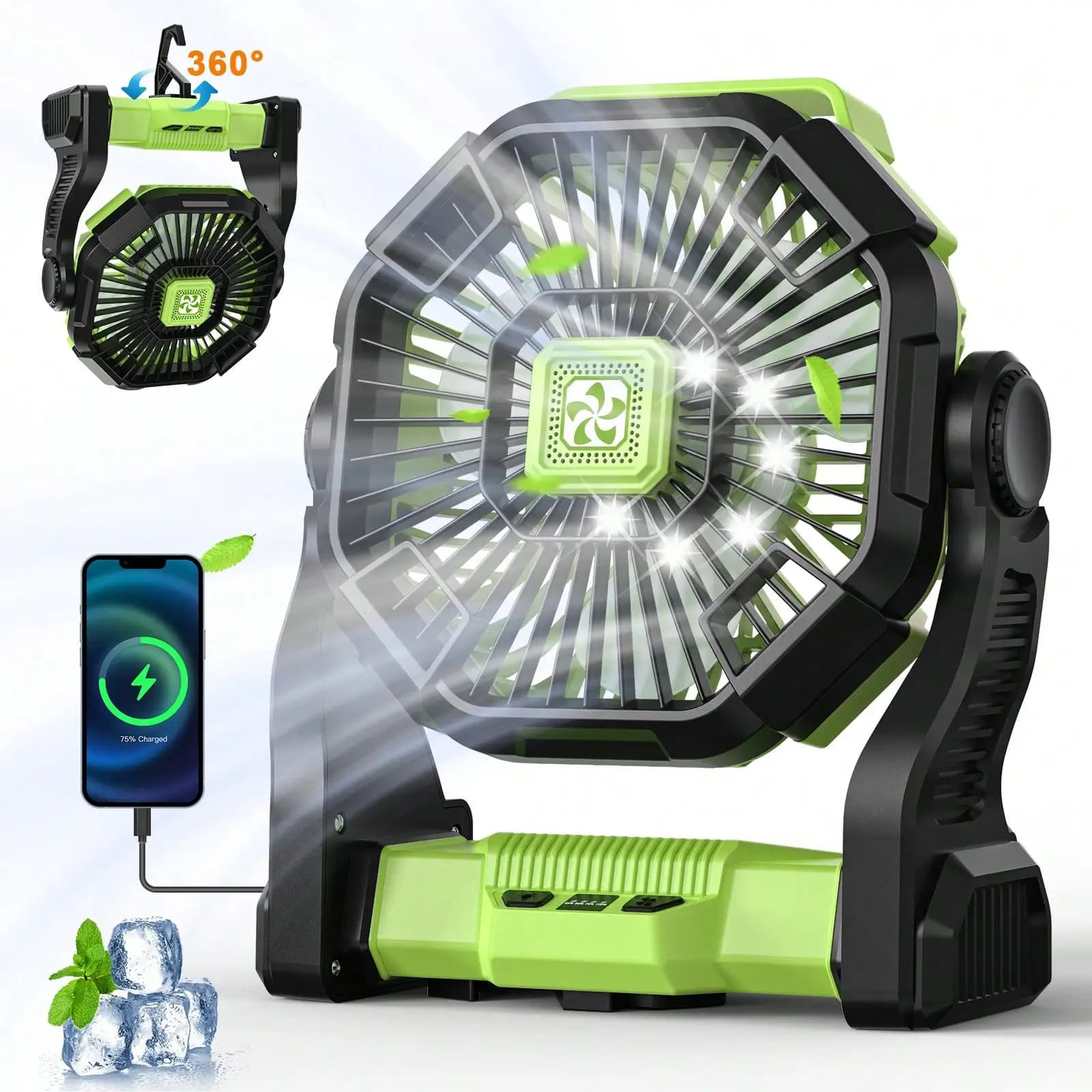 Ventilatore da Campeggio Portatile con Luce LED - Batteria Ricaricabile da 20000mAh, Regolabile a 270° ° /360 ° Progettazione per tende