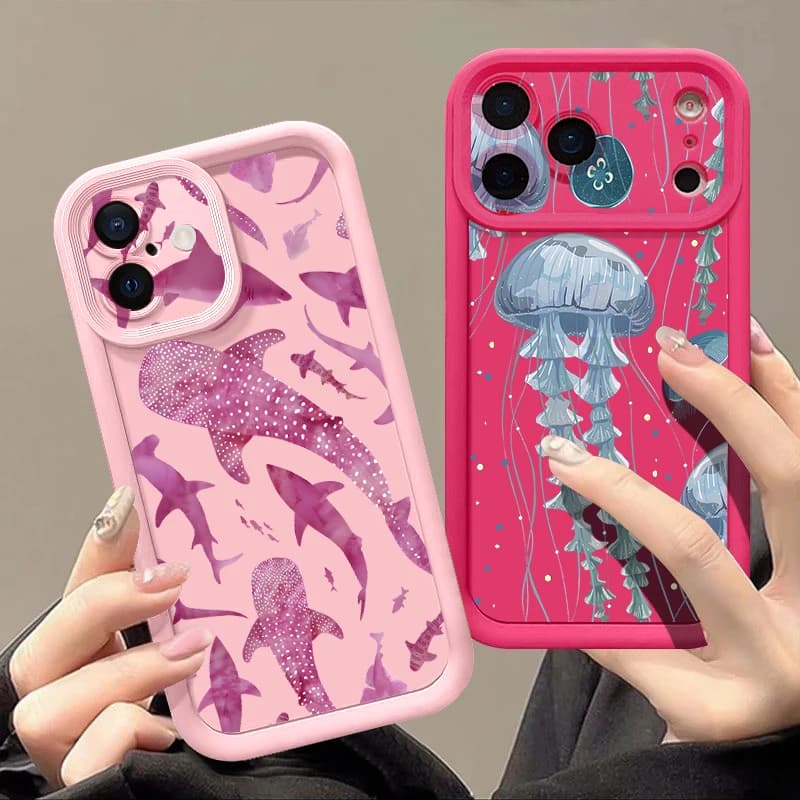 Custodia Morbida Antiurto con Stampa Squalo e Pesci Oceanici per iPhone 17 Pro Max, iPhone 16, 15, 14, 13 Pro Max, 11, 16e, 17e