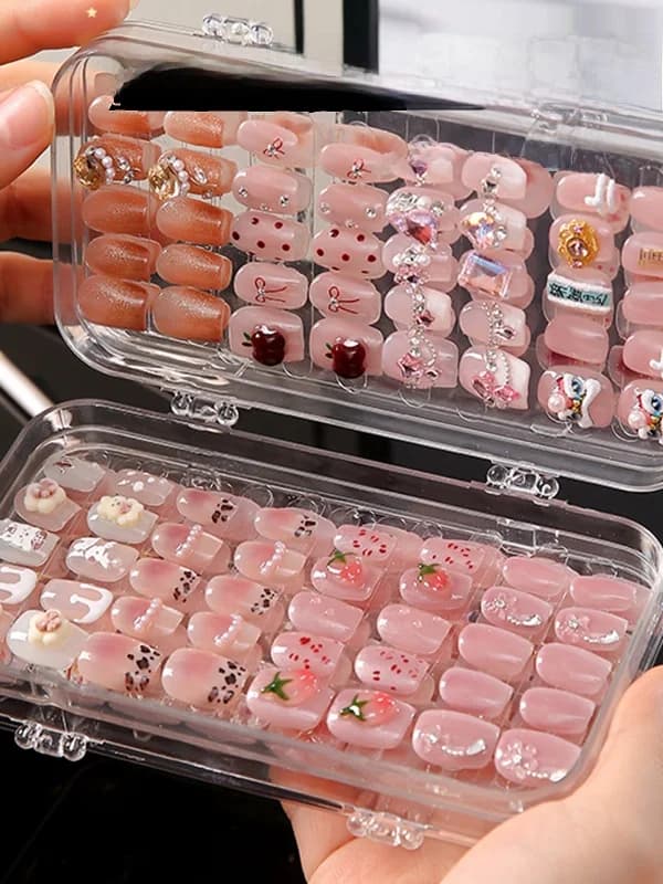 Scatola portaoggetti portatile antipolvere a tre strati per nail art, organizer per unghie finte, stile giapponese, in plastica
