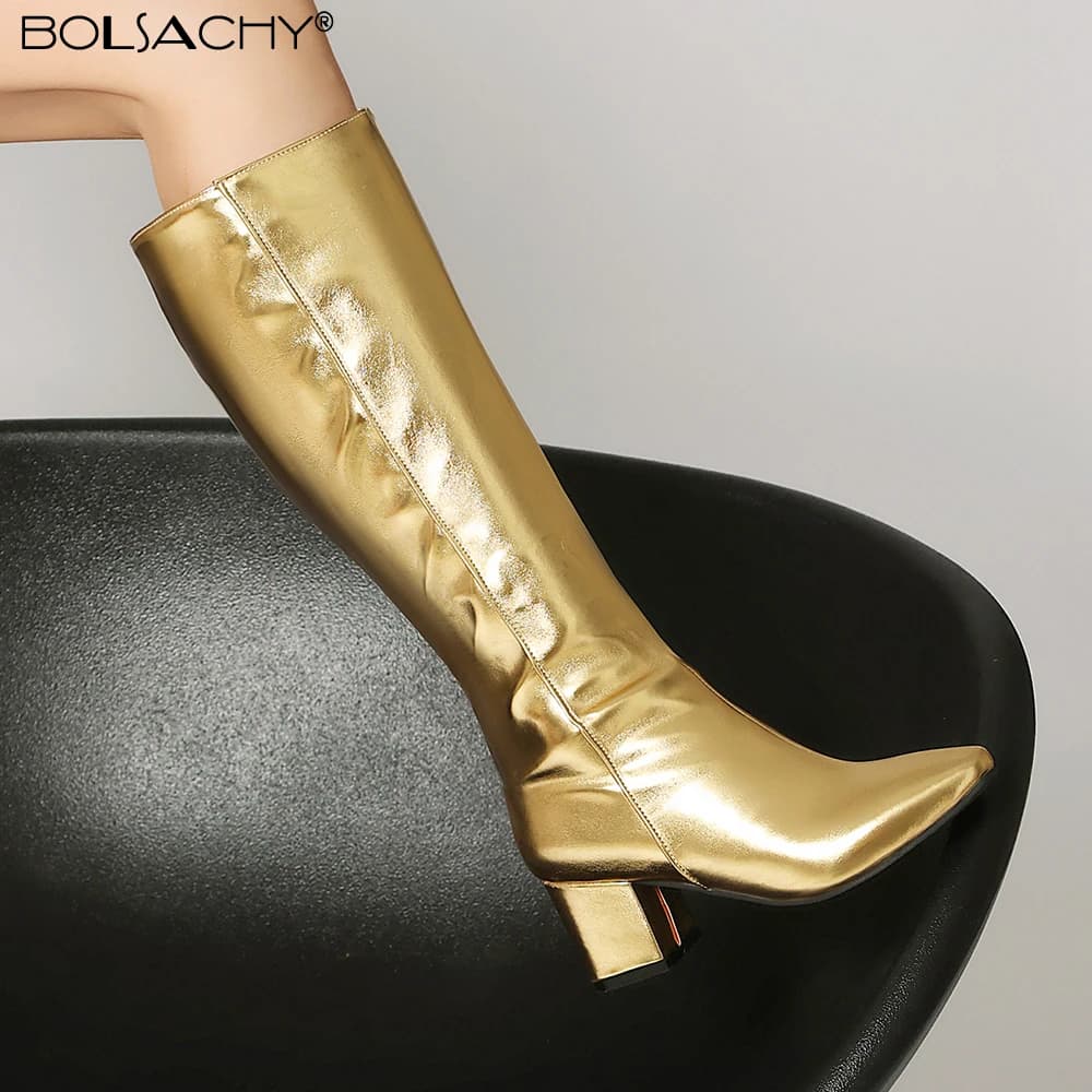 Women's Knee High Boots Winter Shoes 2026 Gold Silver 6cm Heeled Long Boot Ladies Party Footwear Shoes Small Size 33 Waterproof