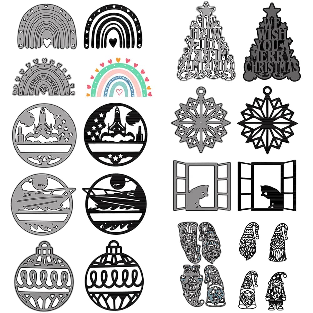 Mixed Metal Cutting Dies,Rainbow Christmas Tree Gnome Snowflake Cat Rocket Die Cuts for Scrapbooking Card Making DIY Paper Craft