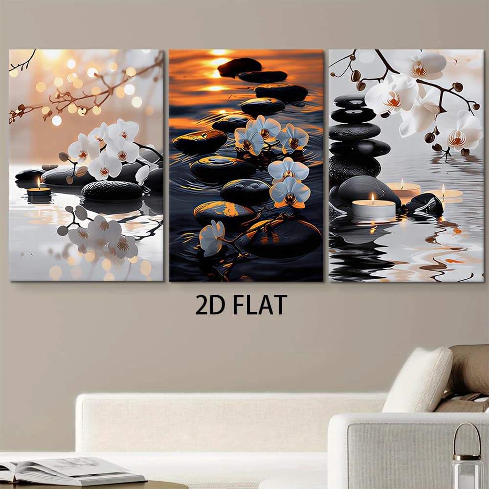 1 set of modern minimalist triptych frameless decorative paintings, Zen style orchids, pebbles, candles, landscape paintings, li