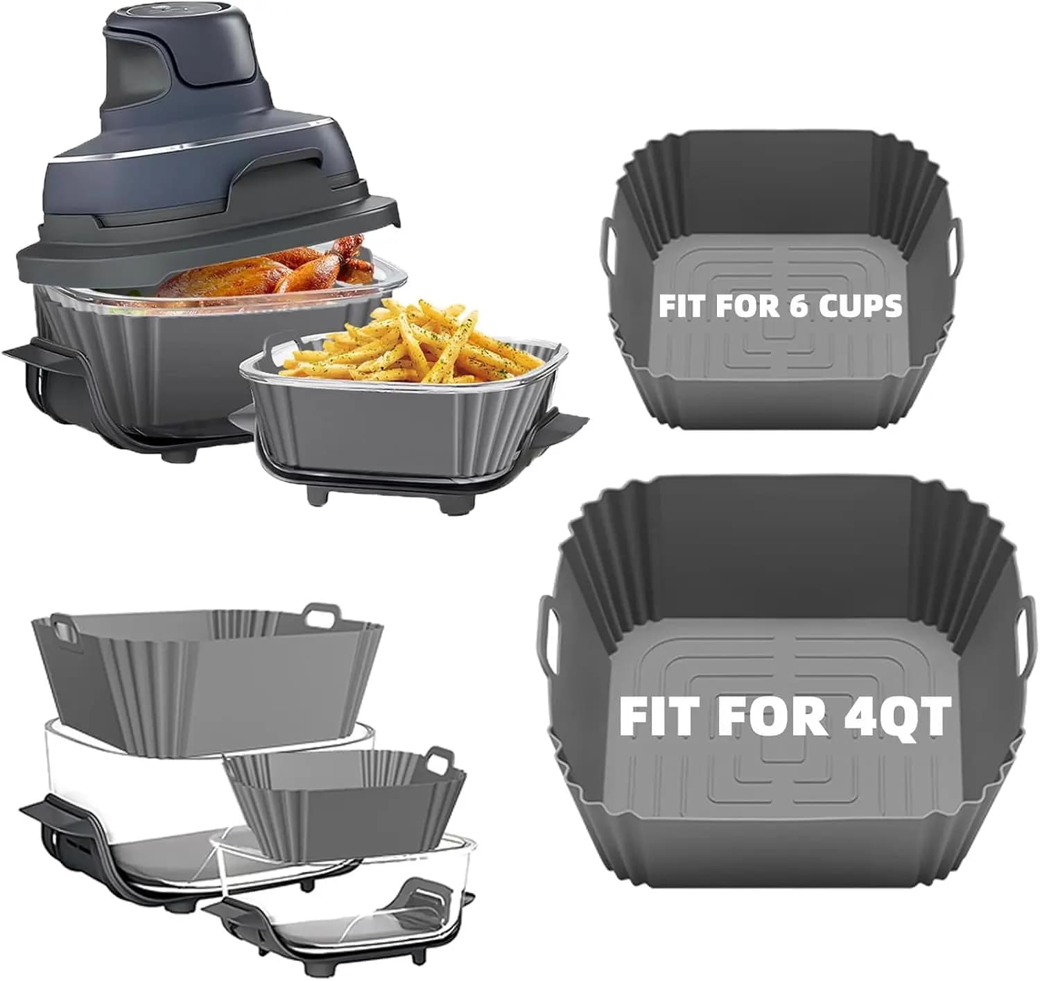 2-piece silicone air frying machine for Ninja Crispi FN101GY/FN101SG/FN101ST, suitable for air frying accessories 4 in 1 in 4 QT glass and 6 cups